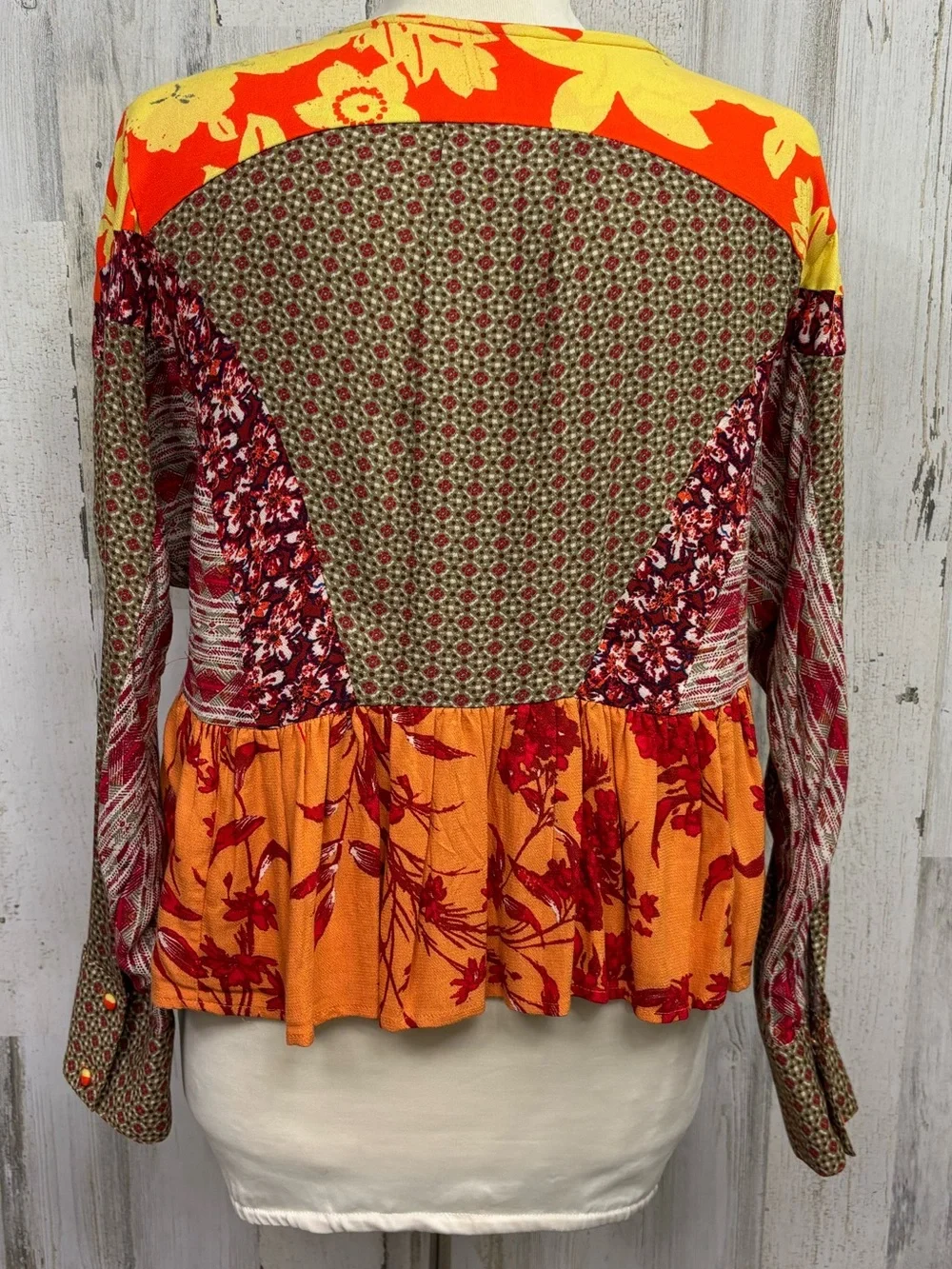 Free People‎ Aloha State of Mind Orange & Brown Mixed-Print V-Neck Peplum Blouse